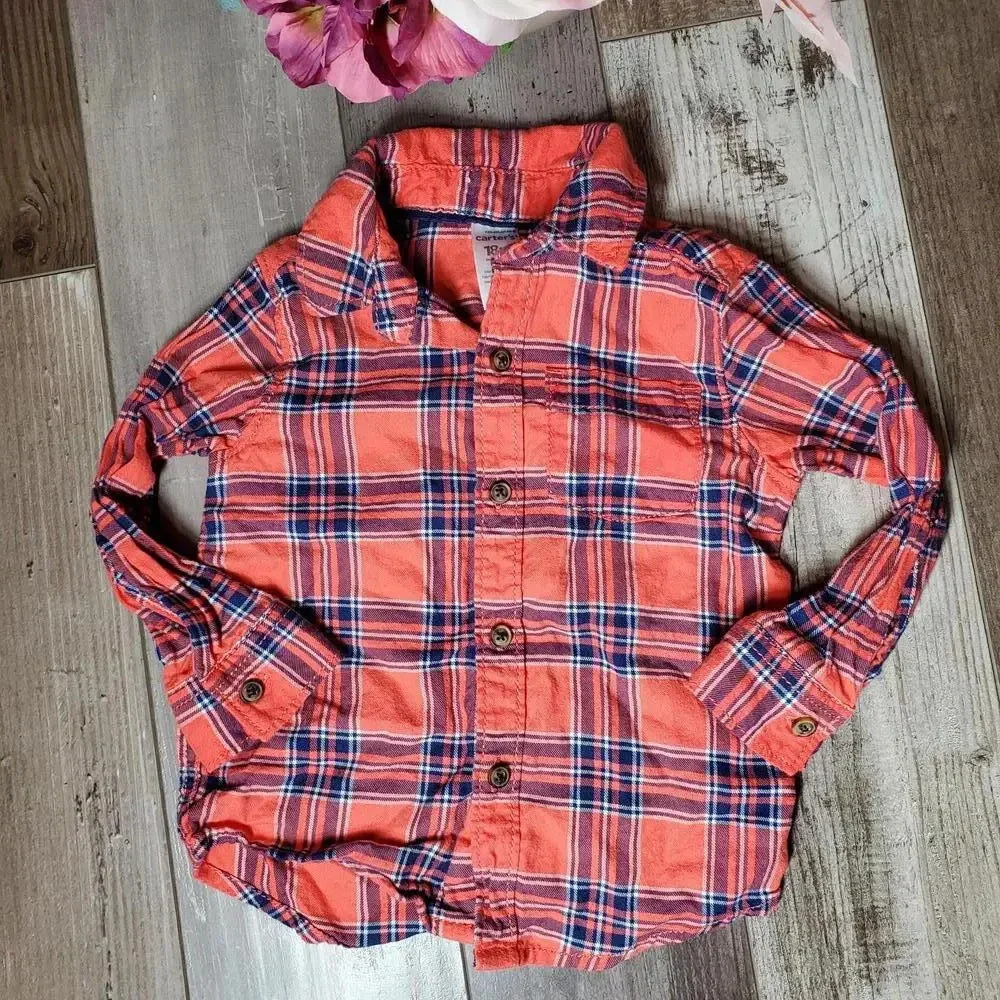 Carter's Baby Toddler Boy Coral Orange and Blue Plaid Flannel Size 18m NWOT